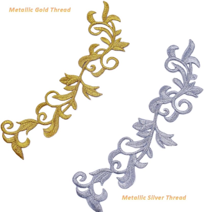 MSCFTFB 6 Pieces Metallic Leaves Embroidered Iron on Patch Flower Vine Border Lace Applique Long Scroll Motif for Dress Pillow Sewing Accessories Embellishment (Gold) - Image 3